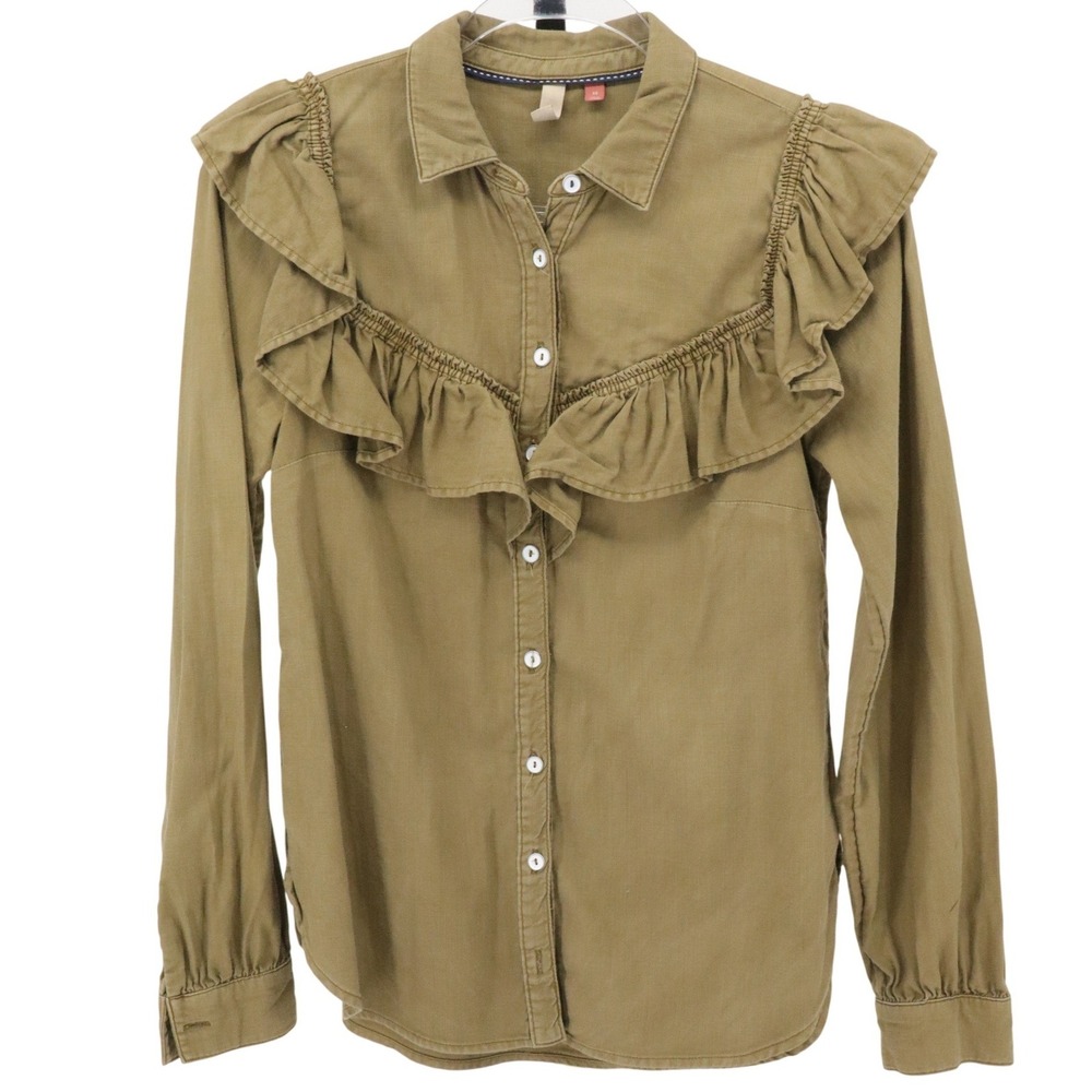 Pilcro Anthropologie Olive Green Ruffle Western Button Down Cotton Shirt XS - Picture 2 of 8